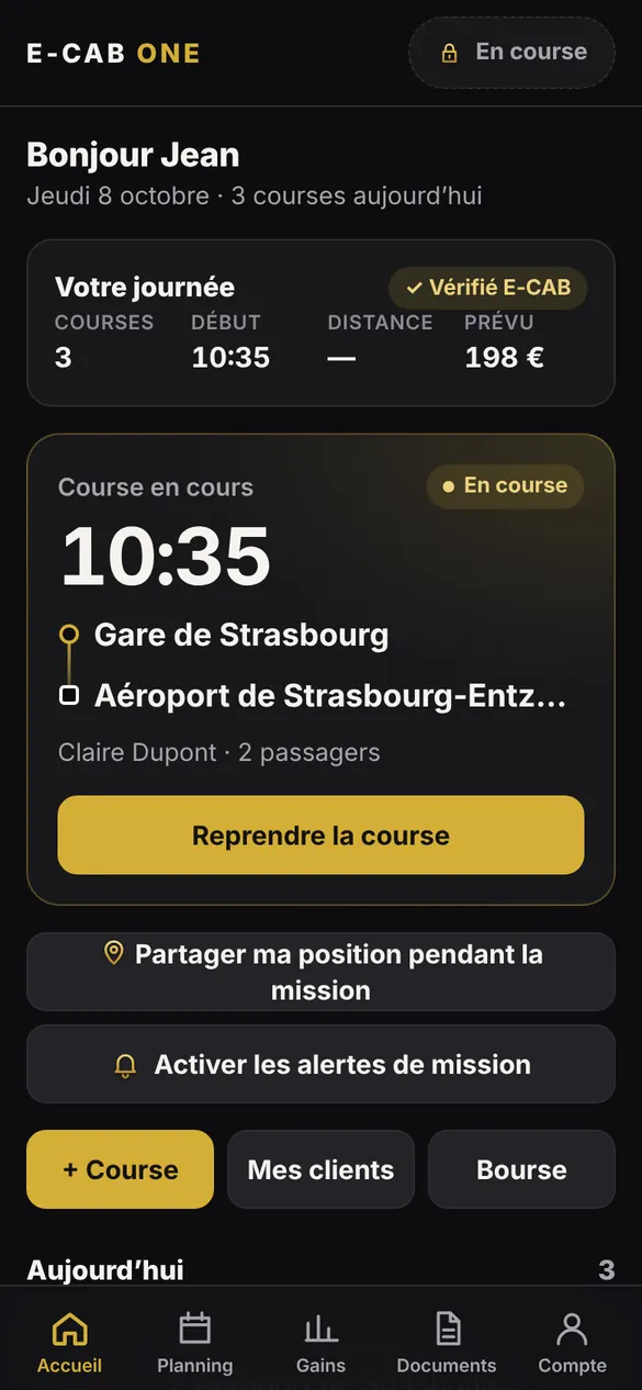 Accueil de l’application chauffeur : journée, course en cours, raccourcis