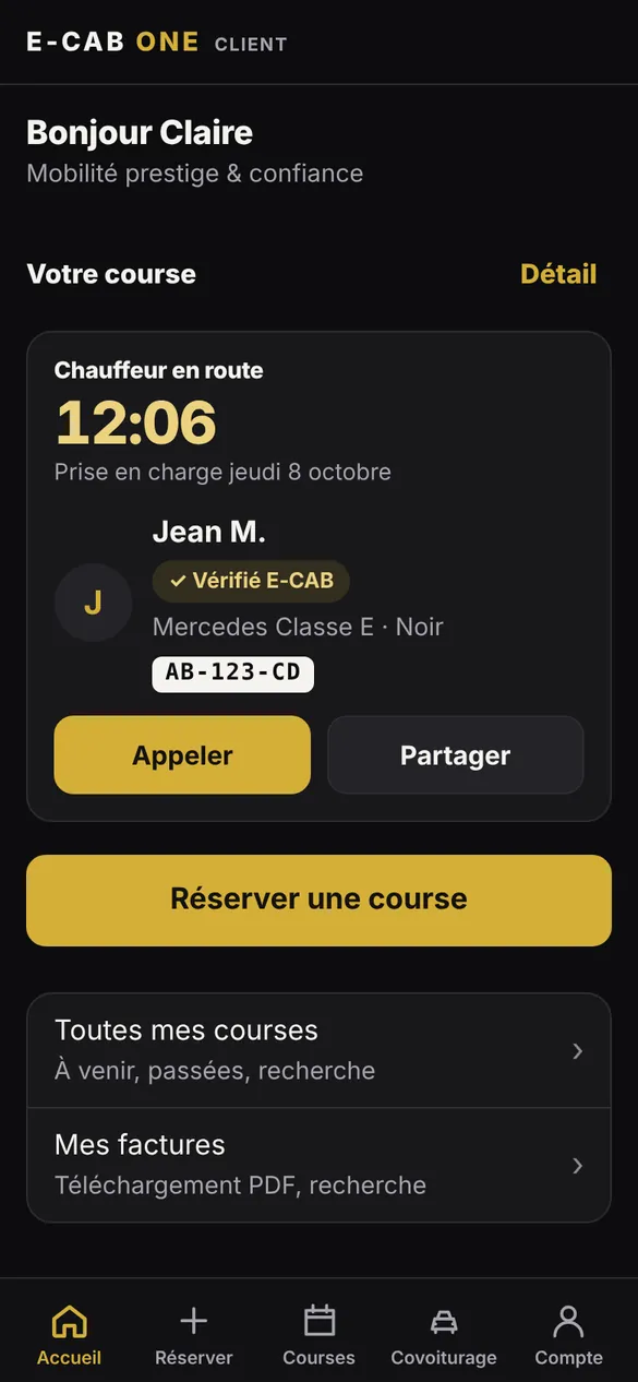 Accueil de l’application client : course en cours et suivi du chauffeur