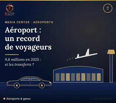 Couverture du dossier : aérogare stylisée, tour de contrôle et avion au crépuscule, berline noire au premier plan, titre « Aéroport : un record de voyageurs »