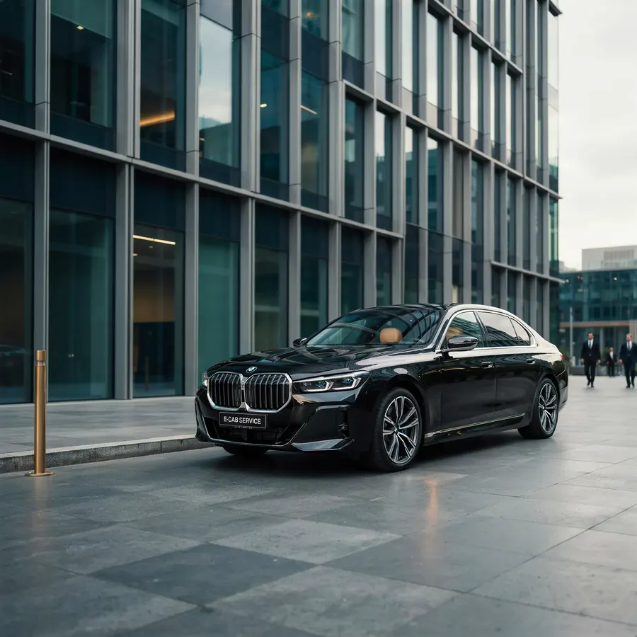 Berline E-CAB SERVICE garée devant un immeuble de bureaux