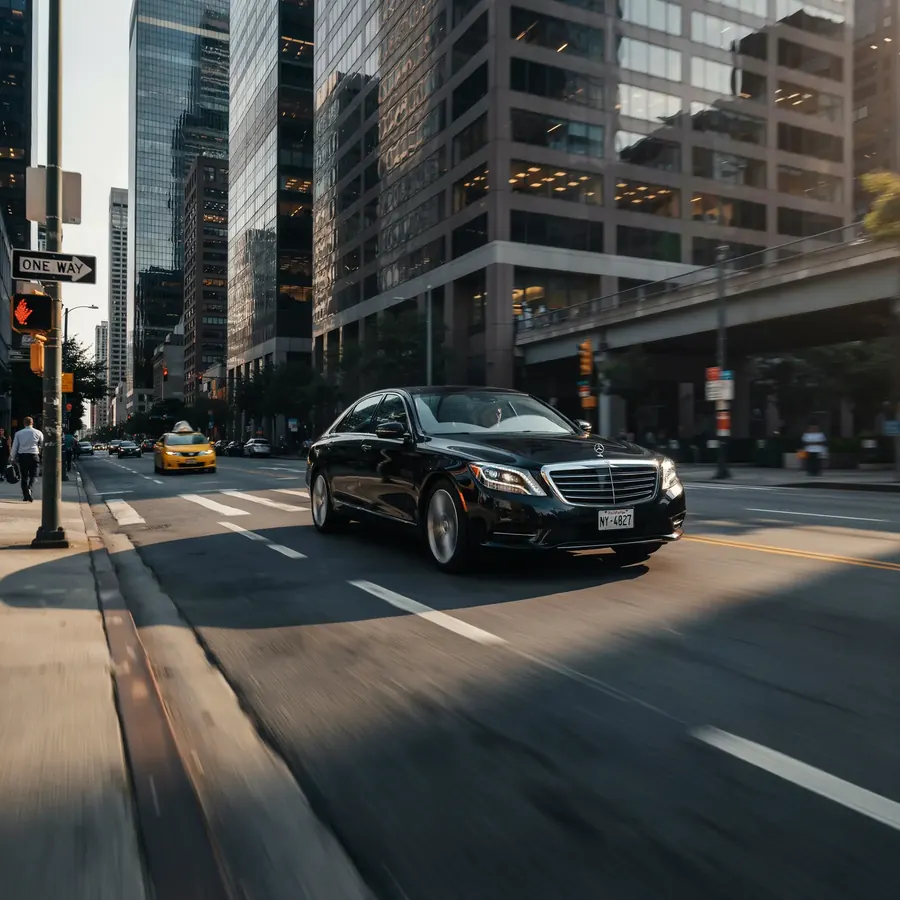 Berline avec chauffeur sur une avenue urbaine au soleil couchant