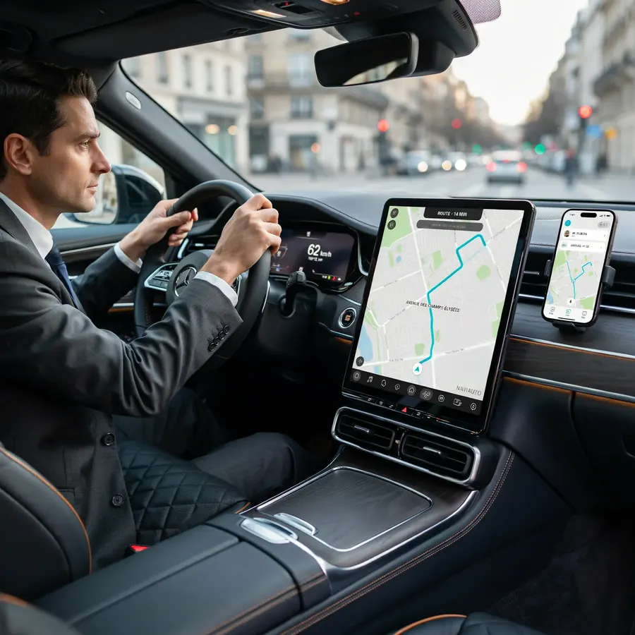 Chauffeur au volant suivant son itinéraire sur l’écran de bord