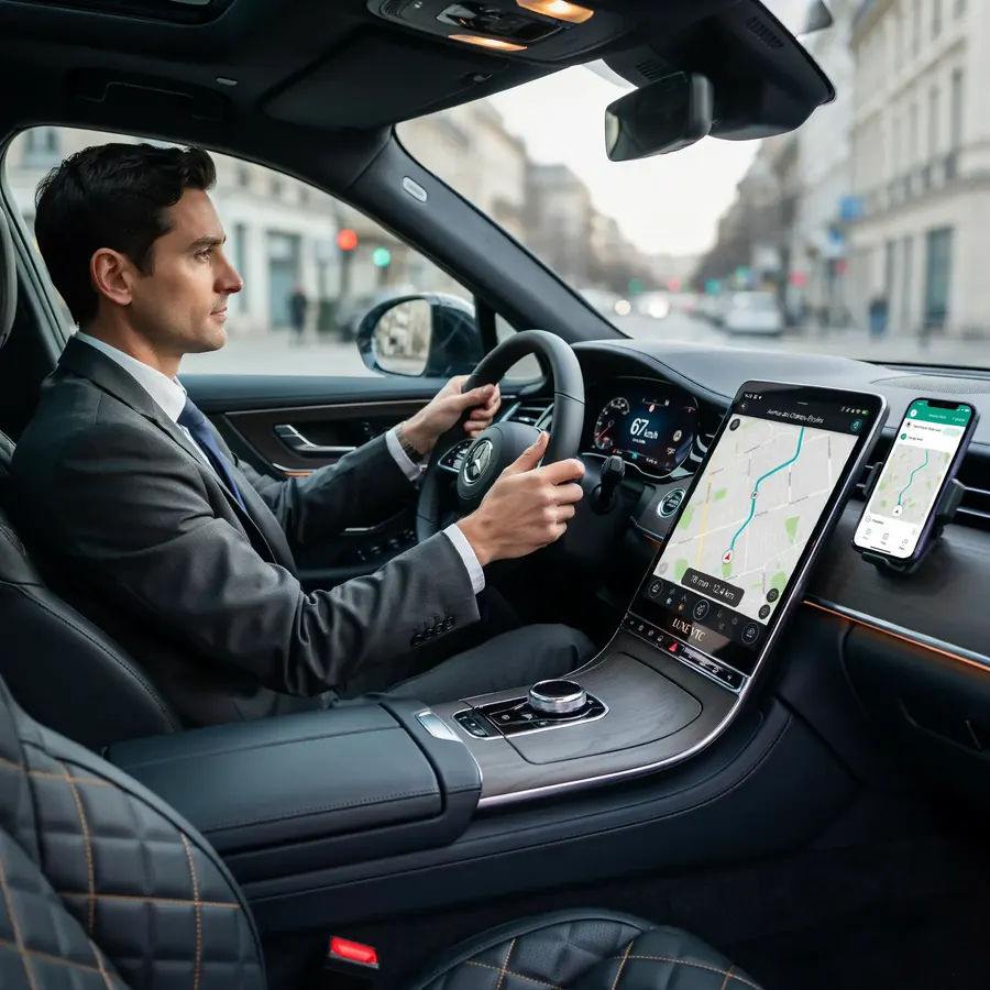 Chauffeur en costume au volant d’une berline
