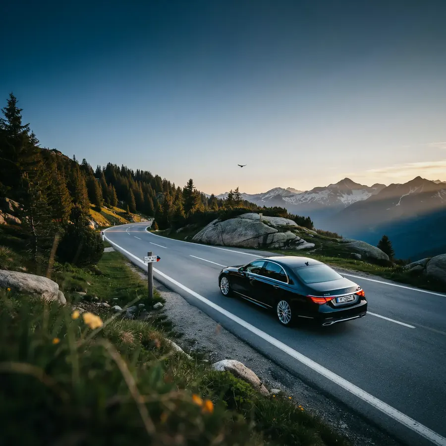 Berline avec chauffeur dans un virage, montagnes à l’horizon