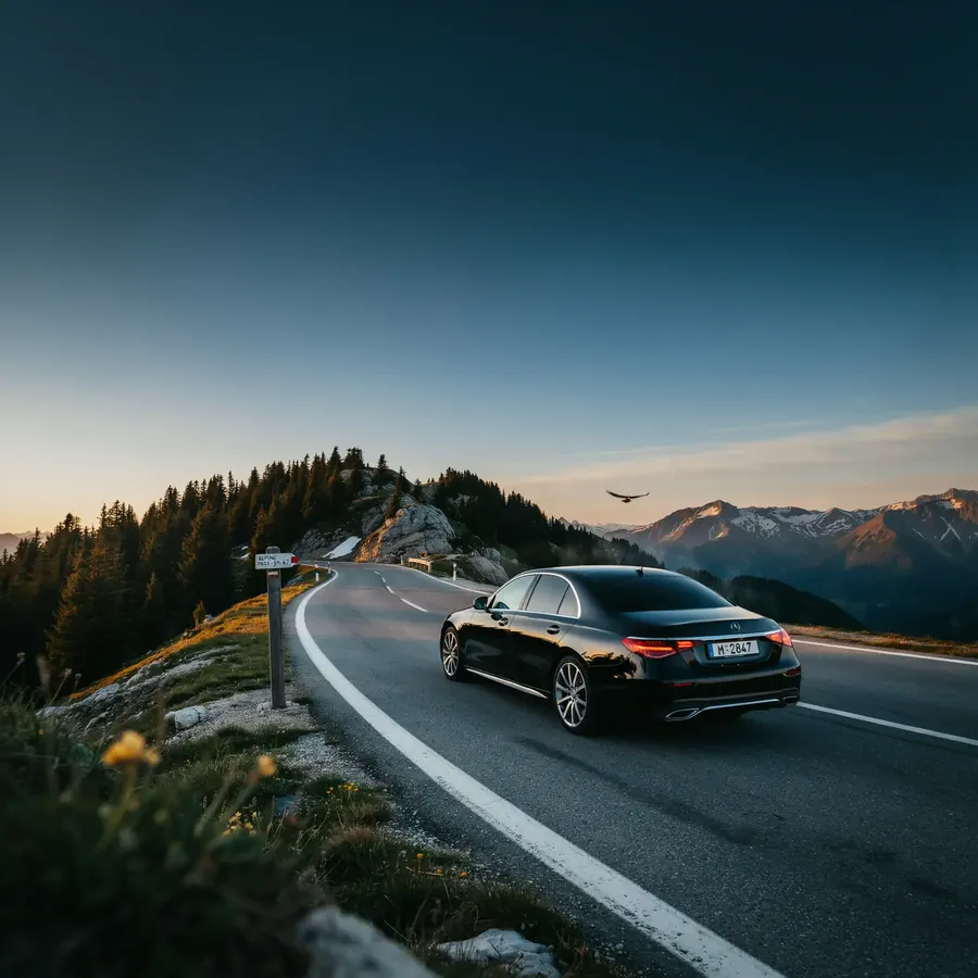 Schwarze Limousine auf einer Bergstraße im Morgenlicht