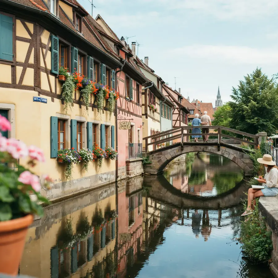 Maisons alsaciennes à colombages fleuries au bord de l’eau
